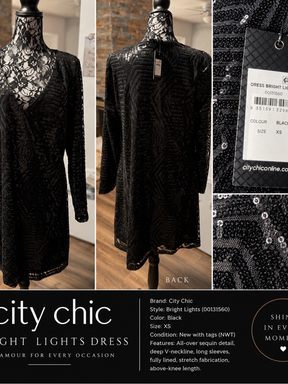 City Chic Black Sequin Long Sleeve V-Neck Dress